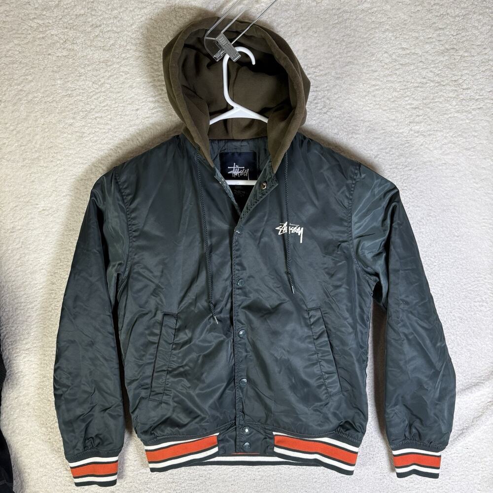 Stussy Bomber Jacket Mens Small Green Snap Button Hooded Varsity Nylon Quilted